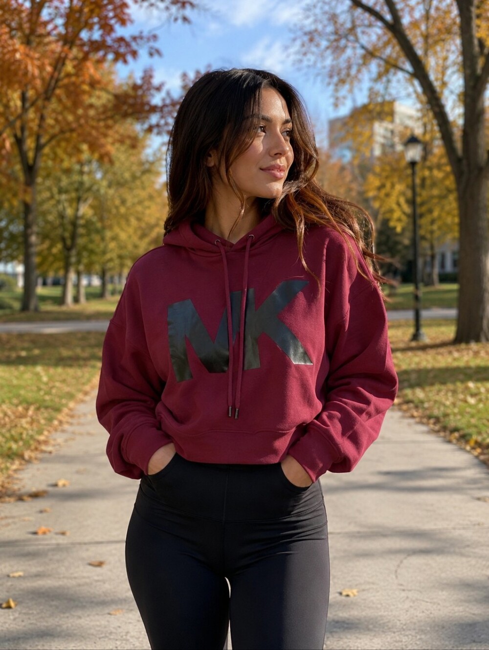 Micheal Kors Cropped Hoodie Size Medium Burgundy With Black Logo